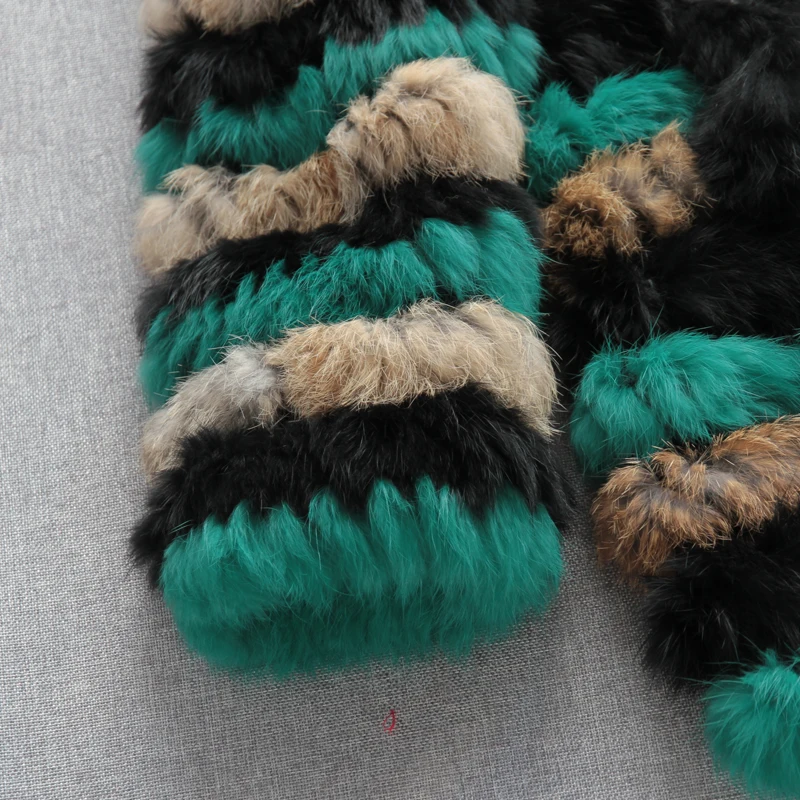 Slightly Elastic Color Matching Striped Rex Rabbit Fur Jacket Wool Hand-Woven Fur Coat Mid-Length Round Neck Leather Fur Coats