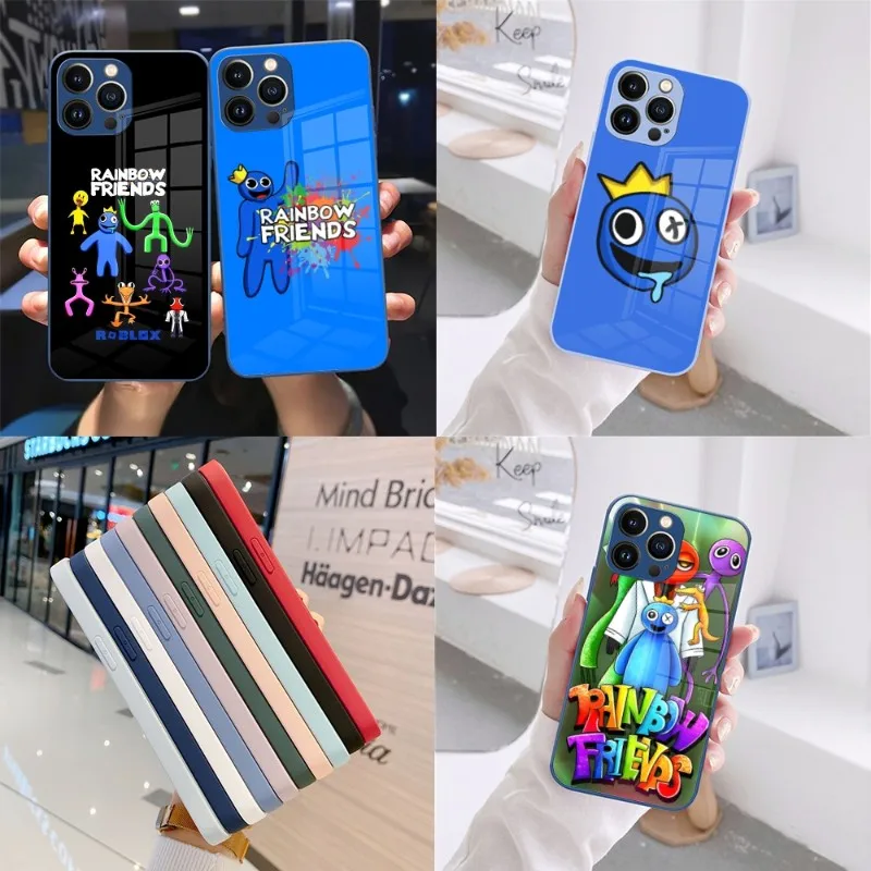 

Rainbow Friends Toy Cartoon Game Phone Case Navy Blue Glass For IPhone 13 14 12 11 Pro XS Max Plus Mini X XR 8 7 6s SE2020 Cover