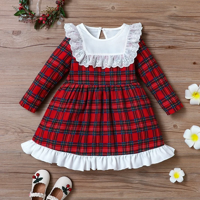 

2022 Spring Fall Clothes for Kids Fashion Plaid Lace Ruffles Long Sleeve Girls Dresses School Children Girl Clothing 1-6Y