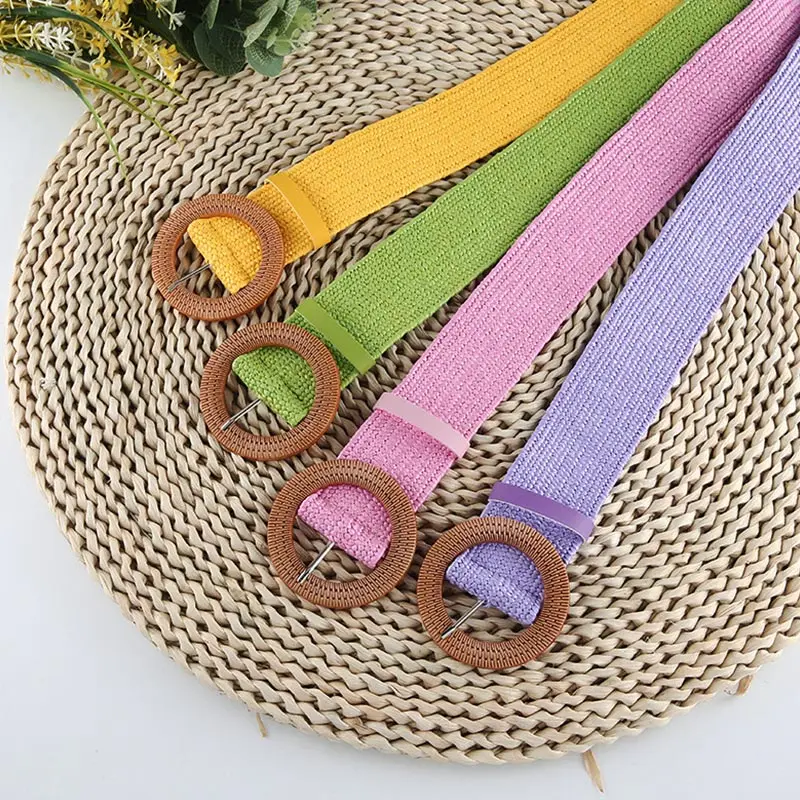 

Fashion Bohemia Buckle Elastic Braided Belts Straw Straw Waistband Fake Linen Woven Weave Belt Solid Straw Wide Belt Color