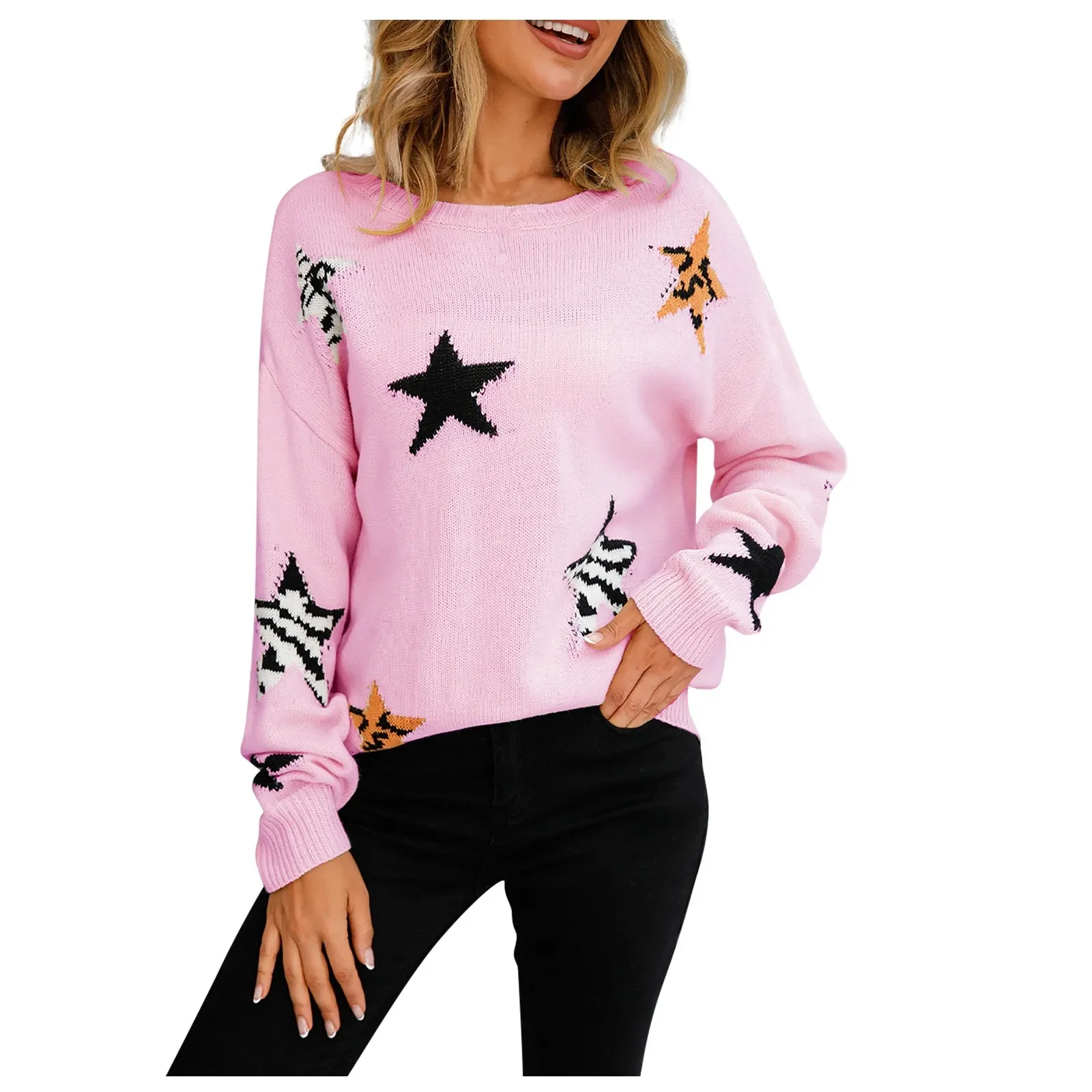 

Ladies Fashion Sweater Roundneck Stars Long Sleeve Knit Pullover Sweater Cardigans Winter Clothes Women кофта женская топ женски