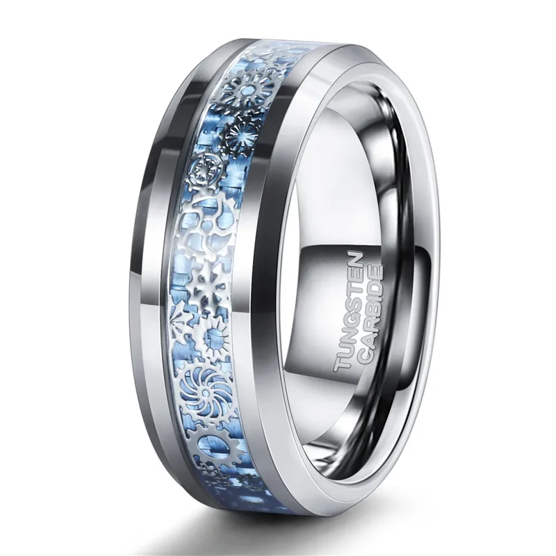 

Tigrade 2020 New Black Tungsten Men Rings Blue and Gears Inlay Cool Design Rings 8mm Luxury Wedding Band for Male Party Jewelry