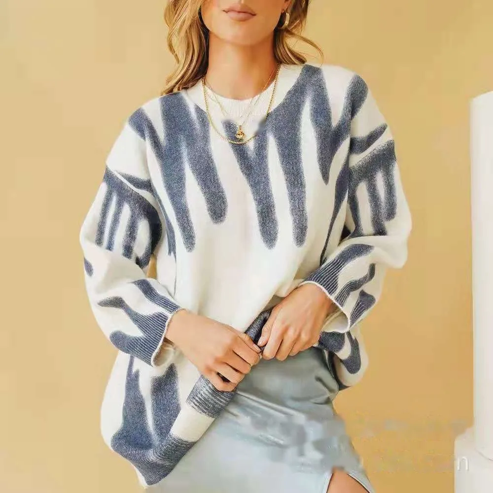 

ZELI Striped Print Women's Sweater Winter O-Neck Loose Oversized Long Sweaters Long Sleeve Lazy Style Fashion Retro Knit Top
