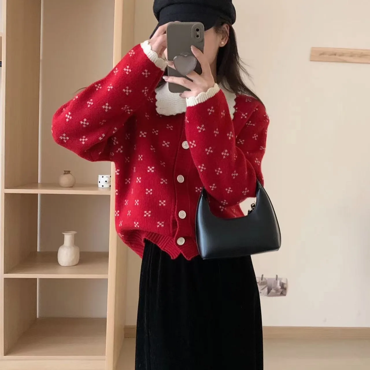 Корейский модный винтажный вязаный крючком лацкан темно-синий кардиган женский