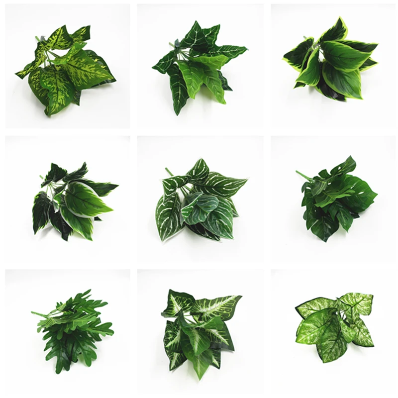 

9 Heads Artificial Plants Leaves Evergreen Leafs Wedding Party Wall Green Plant Accessories Home Decoration Simulation Flowers
