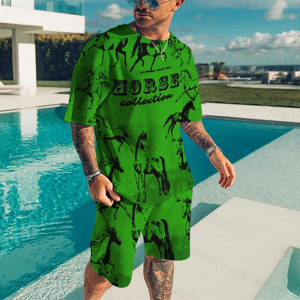 Summer New Fashion Horse Pentium 3D Printing Men's Two-piece Horse Print Letter Short Sleeve T-Shirt + Shorts Sportswear