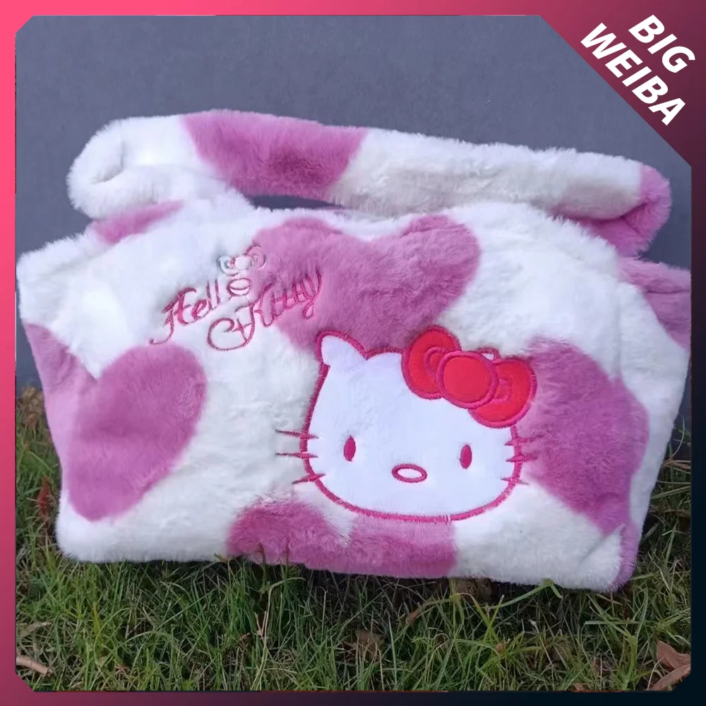 

New Kawaii Hello Kitty Girls Plush Shoulder Bag Large Capacity Portable Cute Tote Bags Receive Bag Pink Embroidery Plush Bag