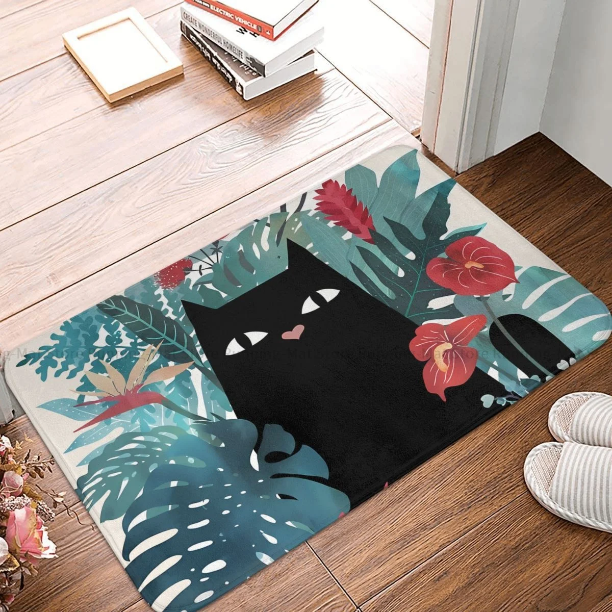 

Кухонный нескользящий ковер Popoki, черный котенок, коврик для гостиной, приветствующий коврик, напольный декоративный ковер