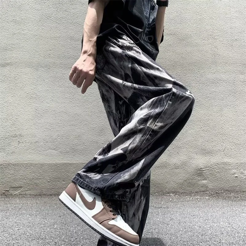 Tie Dye Black Jeans Men's Fashion Retro Casual Straight Jeans Men Japanese Streetwear Hip Hop Loose Denim Pants Mens Trousers