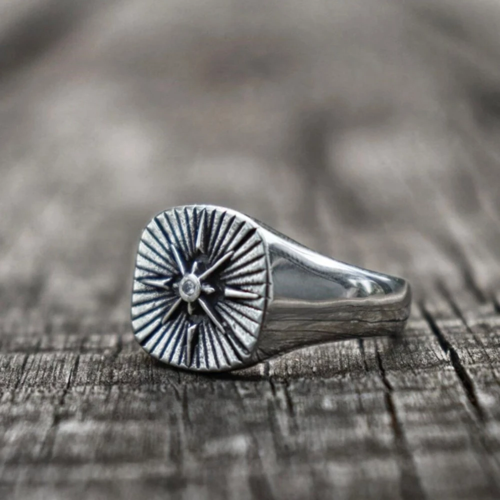 Nautical Biker CZ North Star Compass Signet Ring For Men  Hip Hop Punk Cross Stainless Steel Vintage Party Jewelry