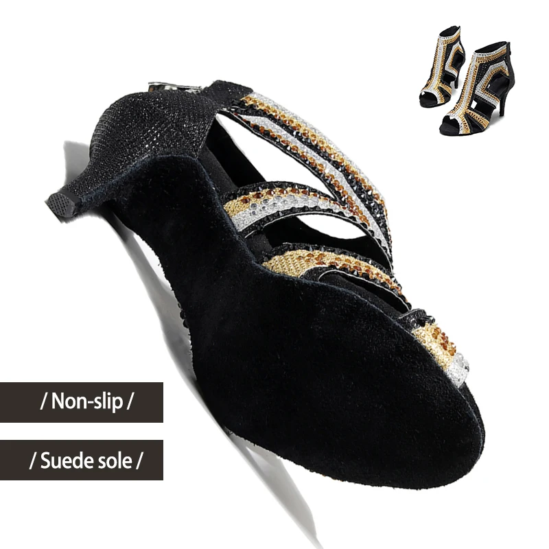 DKZSYIM Women's Latin Dance Shoes Rhinestones Black Salsa Dancing Shoes Woman Party Dance Boots Ballroom Shoes Suede Sole