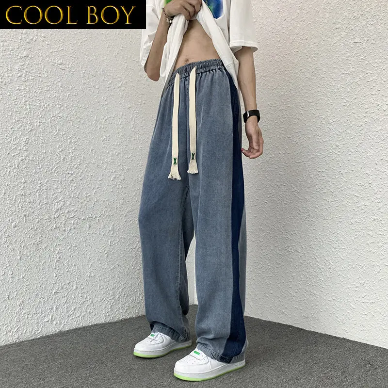 

J GIRLS Plus Size 5XL-M Fashion Side Wide Stripe Spliced Loose Casual Jeans Pants Men All Match Ice Silk Drape Denim Trousers