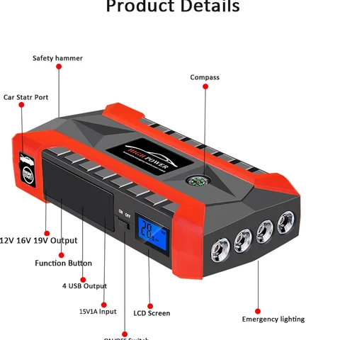 Портативный внешний аккумулятор 20000 мАч 600A, автомобильный аккумулятор, стартер Powerbank, автомобильная перемычка, аварийный запуск двигателя для iphone Tablet