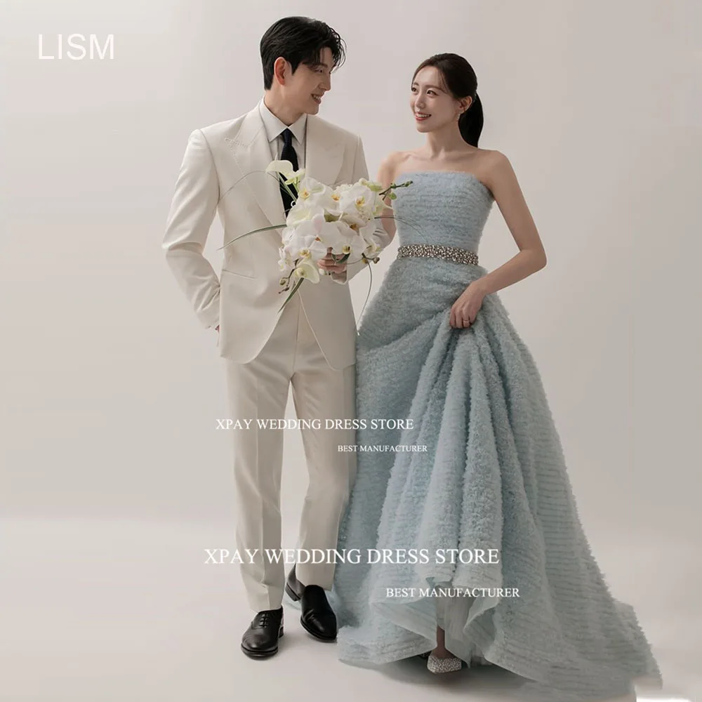 XPAY вечерние платья без бретелек небесно-голубого цвета в Корейском стиле со