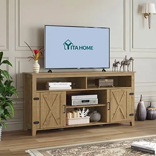 For 65/60/ 55 Inch Tv, Rustic Modern Entertainment Center For 300 Lbs With Sliding Barn Door, Wood Tv Media Console Sto