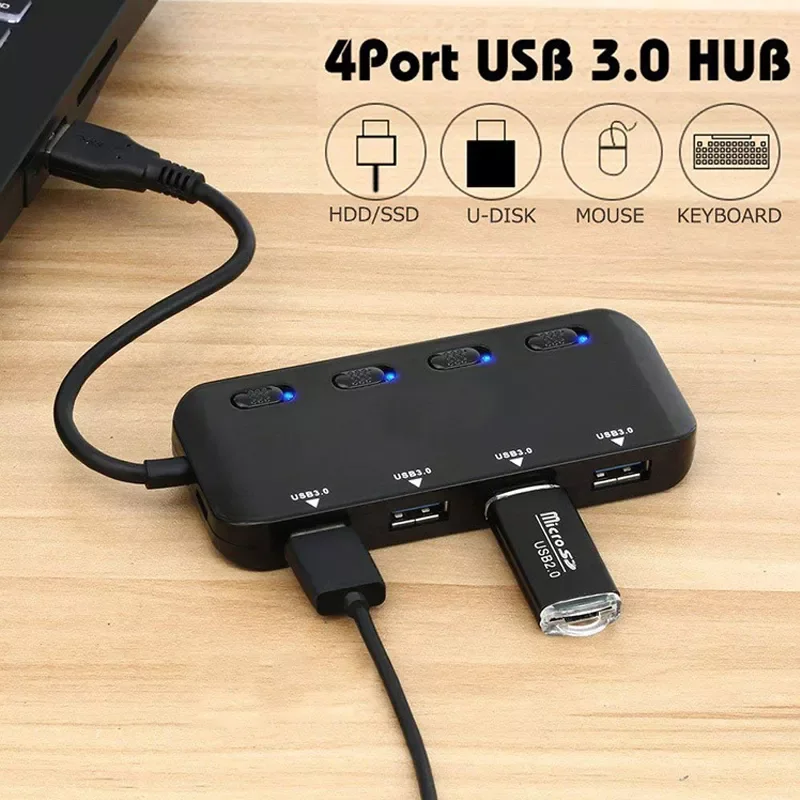 

HUB 3.0 4 Ports USB HUB Splitter With on/off Switch or EU/US Power Adapter For MacBook PC Laptop USB Multi Splitter HUB