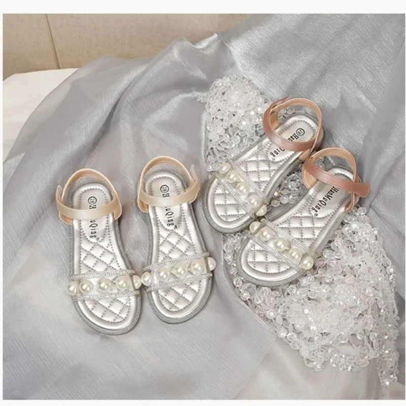 Transparent Flat Bottom Girl Sandals Pearl Fashion Children's Shoes Summer New Style Soft Comfortable Student Beach Shoes
