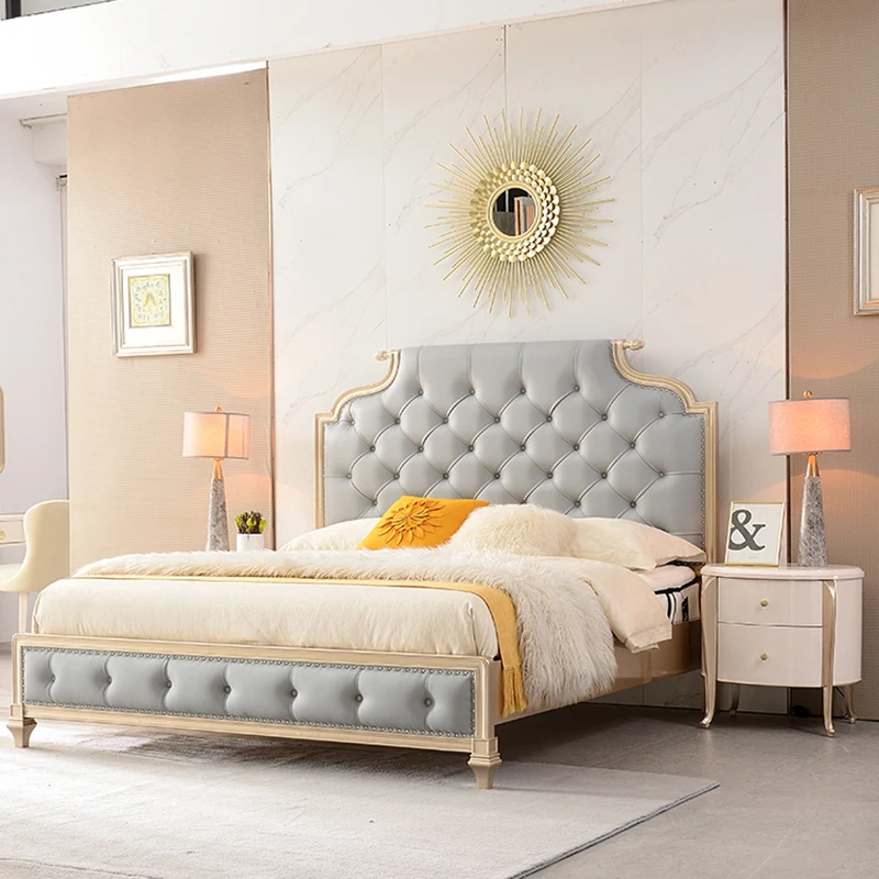 

European Style Light Luxury Solid Wood Bed Modern Minimalist Double Bed Simple French Leather Princess Bed Master Bedroom