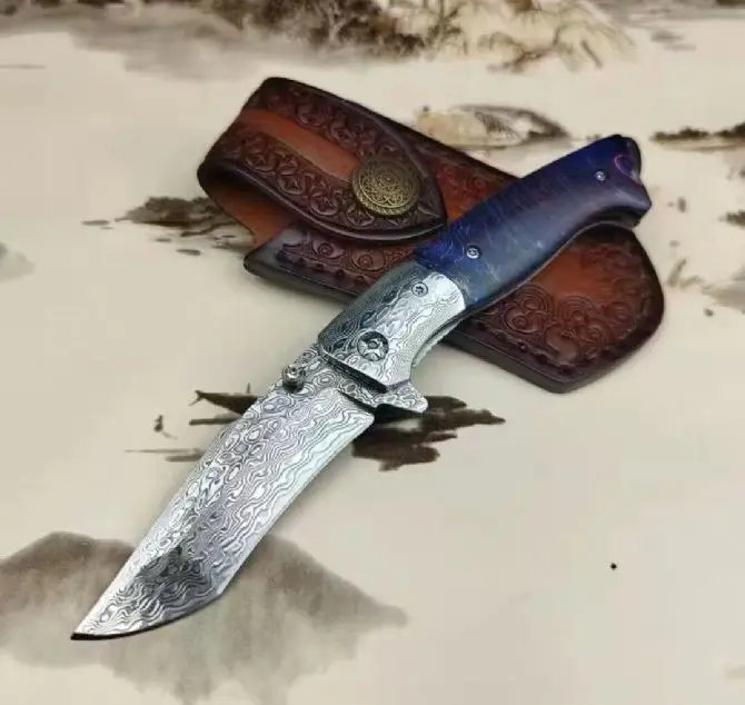 Цветной складной нож с орлом ручная работа лезвие из Дамаска твердая деревянная