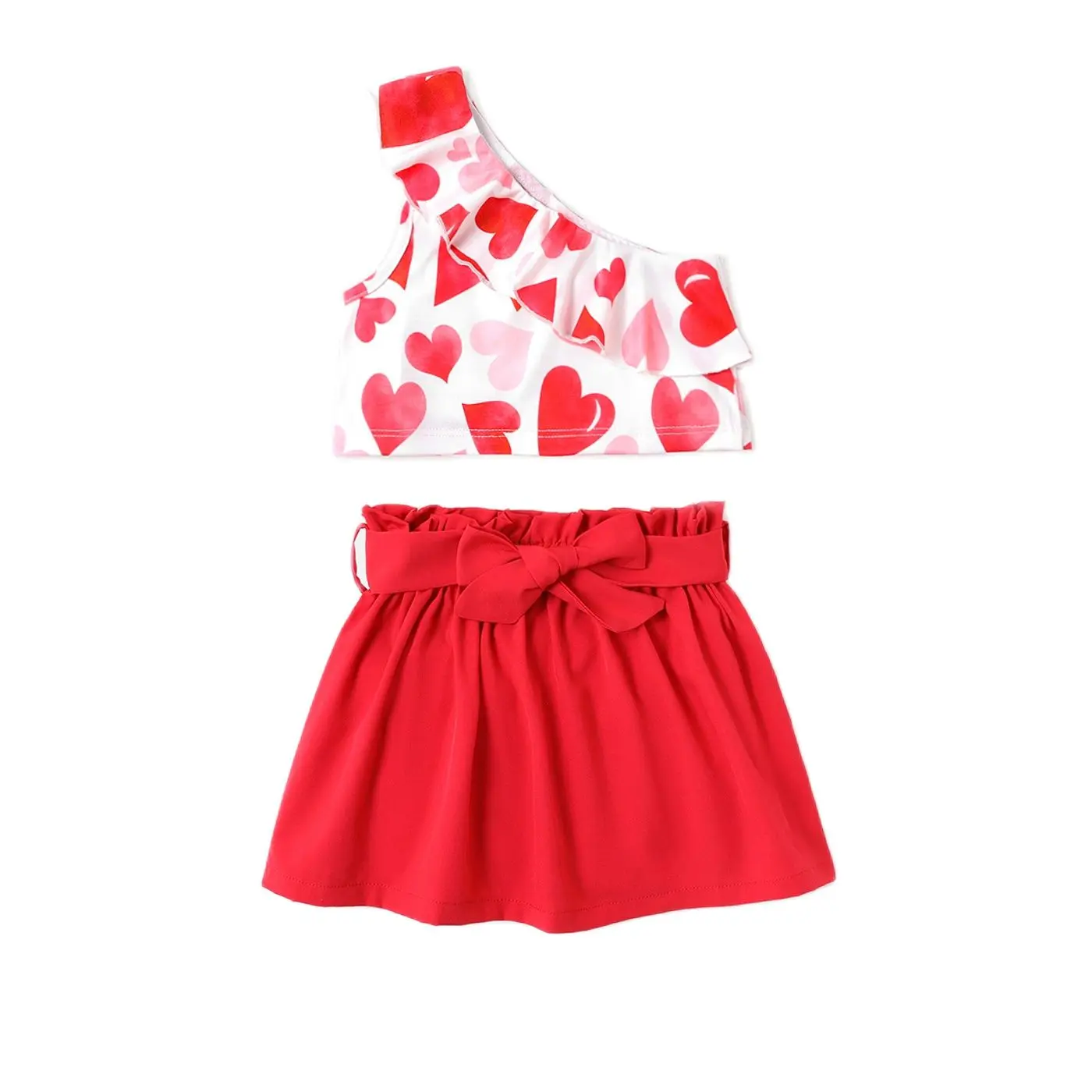 

PatPat Valentine's Day 2pcs Baby Girl Allover Heart Print One Shoulder Ruffle Trim Tank Top and Solid Belted Skirt Set