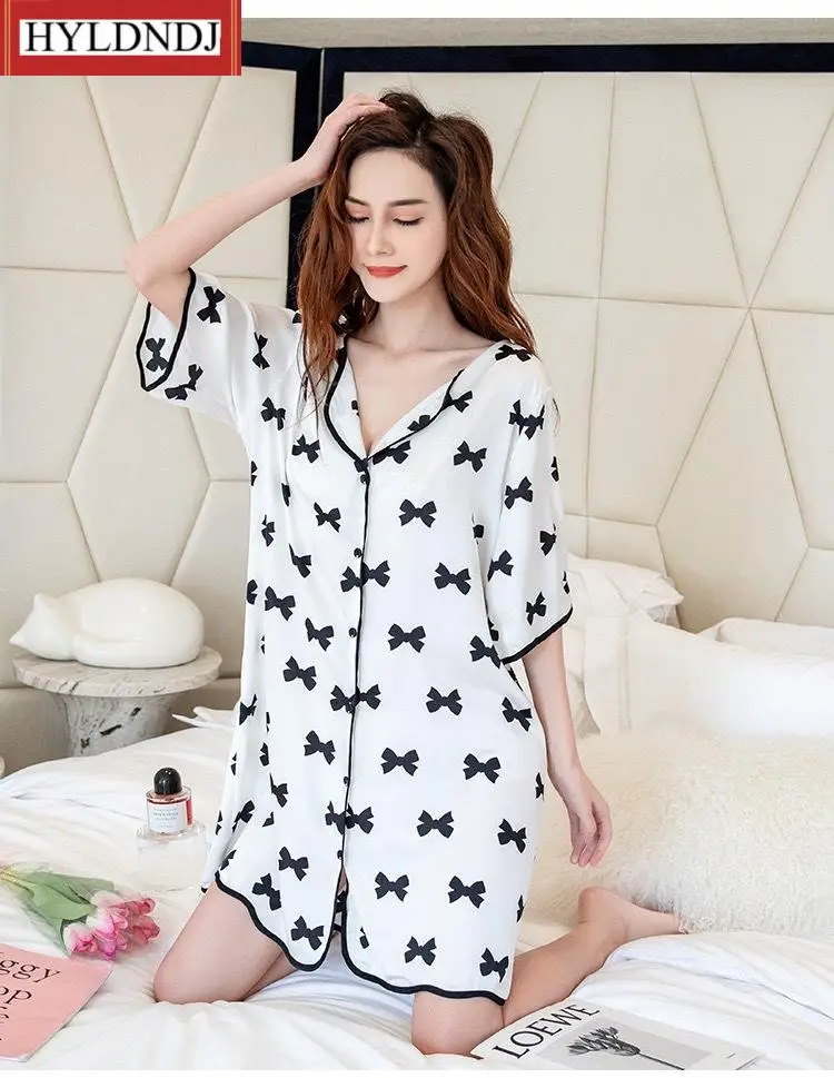Women Ice Silk Pajamas Bow Print Lapel Pyjamas Sexy Lingerie Women's Home Clothes Sleepwear 2-Piece Set Pajamas for