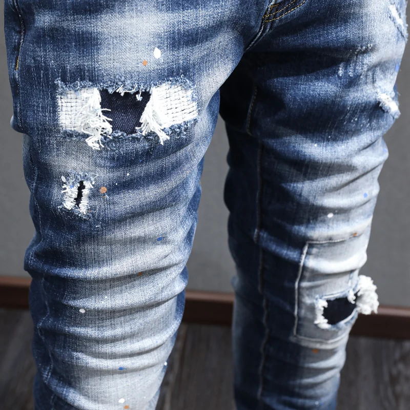 Fashion Streetwear Men Jeans Retro Blue Stretch Elastic Skinny Fit Ripped Jeans Men Patched Designer Hip Hop Denim Pants Hombre