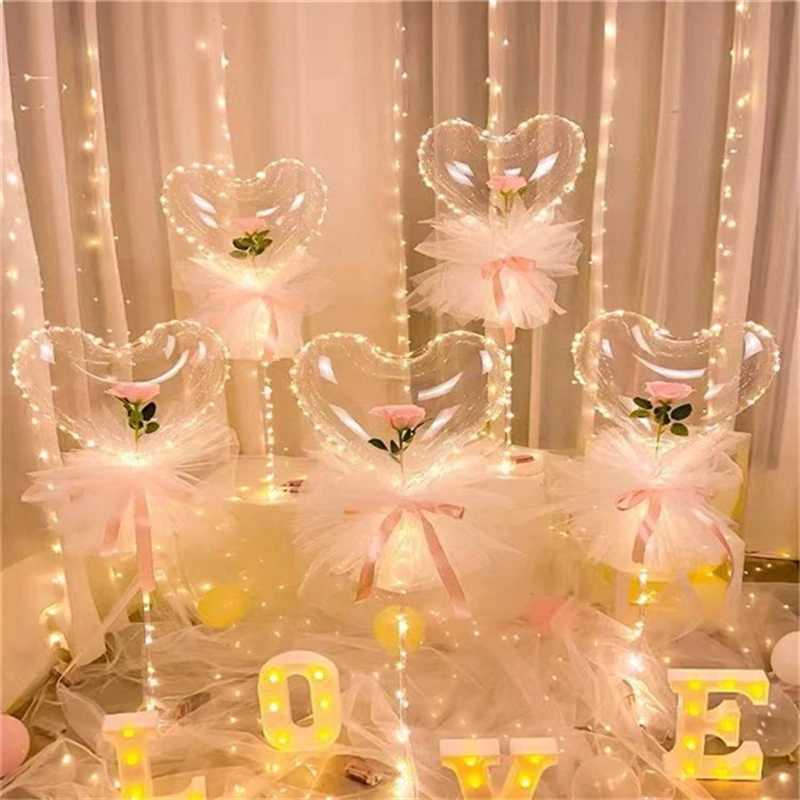 

Luminous Love Heart Shaped Bobo Ball Rose Hydrangea Daisy Bouquet Diy Wedding Engagement Balloon Anniversary Party Decor