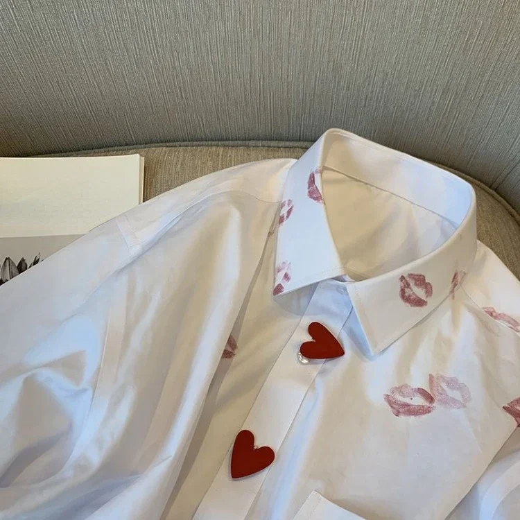 Простые белые рубашки с принтом губ женские весенне-осенние новые универсальные