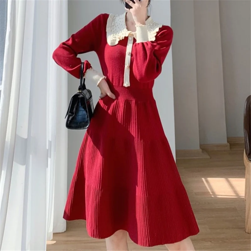 

Knit Bottomed Wool Dress Underneath Children's Small Doll Collar Red Dress in Autumn and Winter 2022