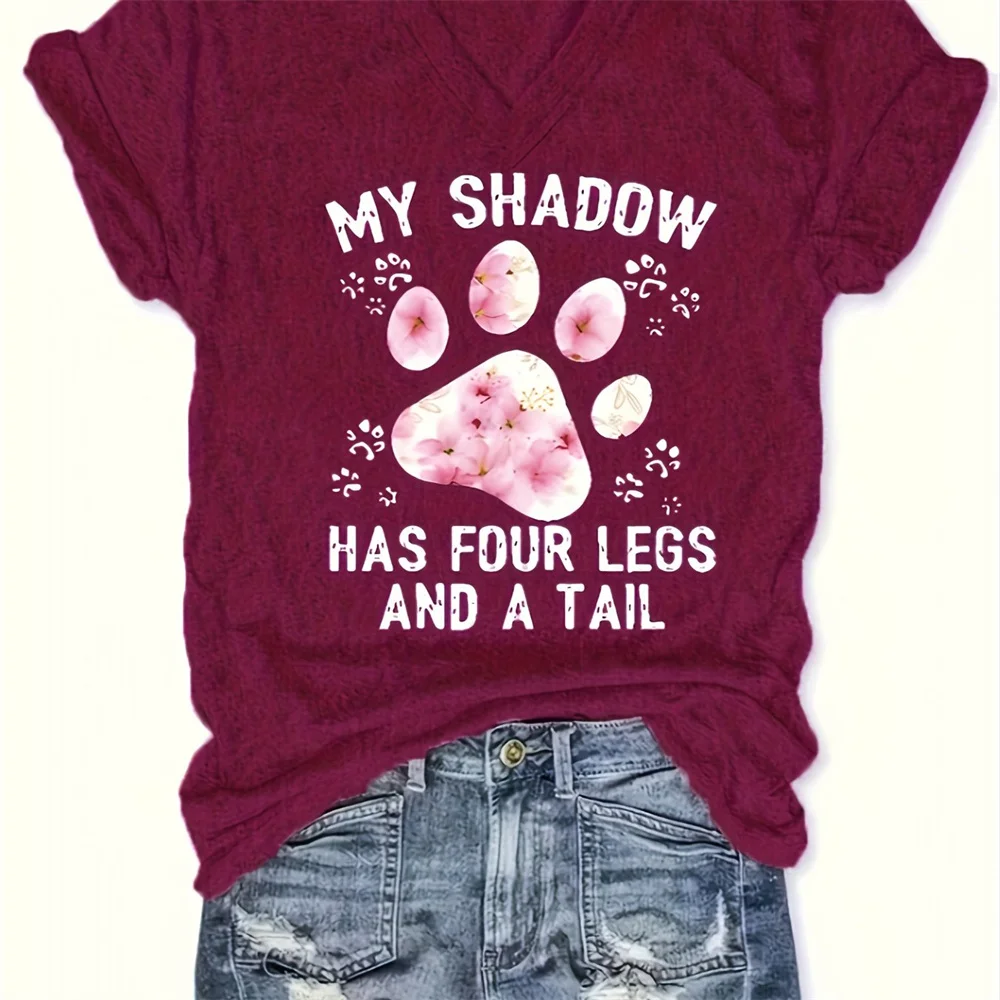 Свободная футболка с v-образным вырезом и принтом собачьей лапы мягкий дышащий