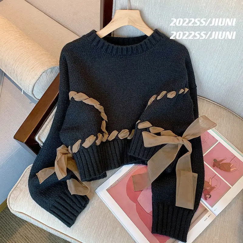 

2023 autumn Chic Gauze Bow Bandage Knitted Sweater Casual Long Sleeve O-neck Pullovers New Short Tops Female