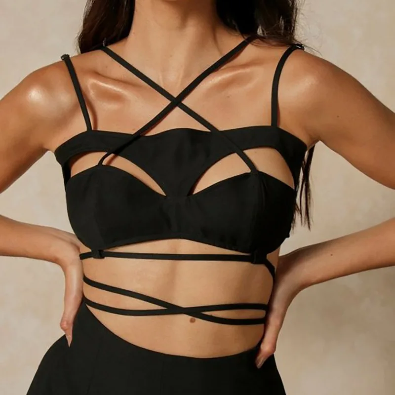 

Женская майка на бретелях-спагетти, однотонная укороченная майка с вырезами, жилет на завязках, уличная одежда