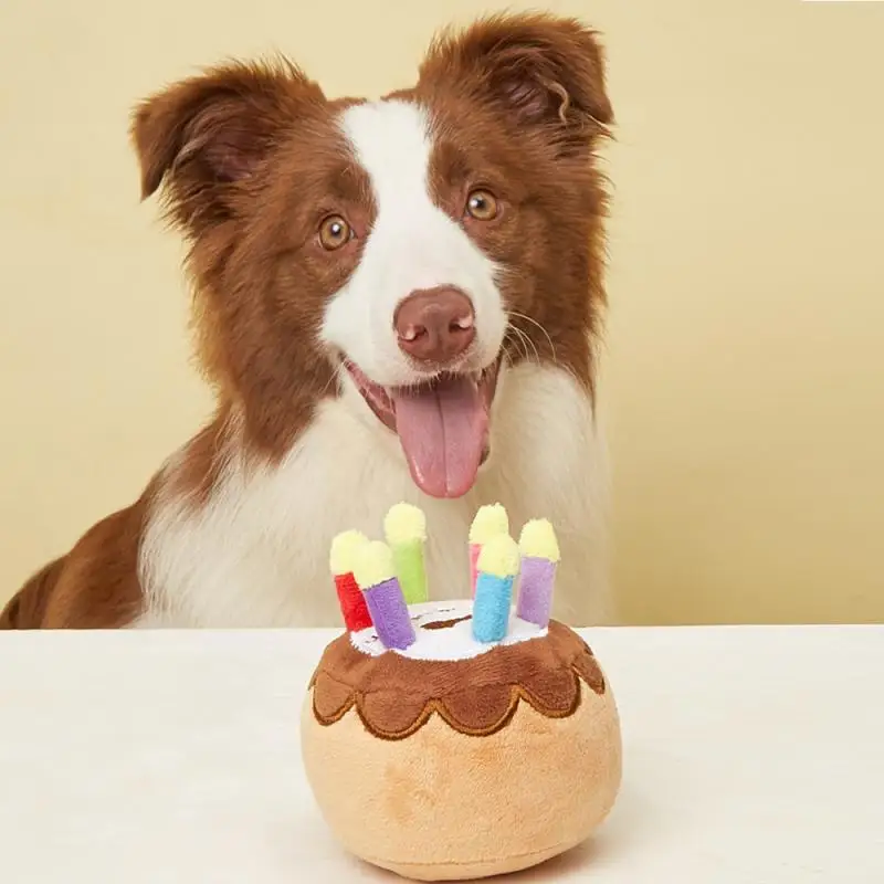 

Cute Pet Dog Toy Plush Birthday Cake Celebration Squeaky Chew Play Interactive Bite Resistant Soft Cupcake Stuffed Pet Toys