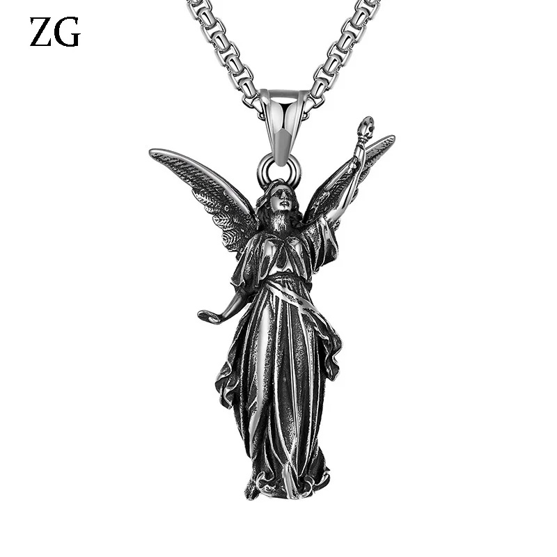 

Hip Hop Statue of Liberty Stainless Steel Necklace Mens Vintage Angel Pendant Sweater Chain Boys Fashion Party Jewelry