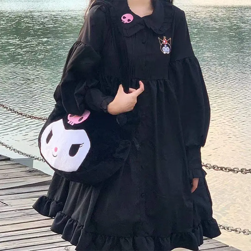 

HOUZHOU Black Lolita Dress Kawaii Cartoon Embroidery Long Sleeve Short Dresses Woman Ruffle Peter Pan Collar Japanese Style Goth