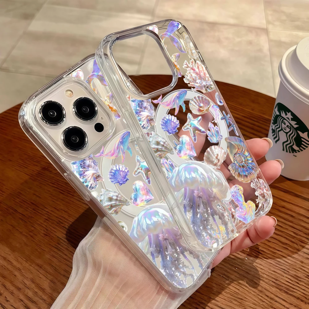 Фото Эстетичный чехол для телефона с подводным принтом «Русалка» для iPhone 17 Air, 15, 16, 14, 12, 13, 11 Pro Max, 16, 17 E, 14, 15, 16 Plus, магнитный чехол №5