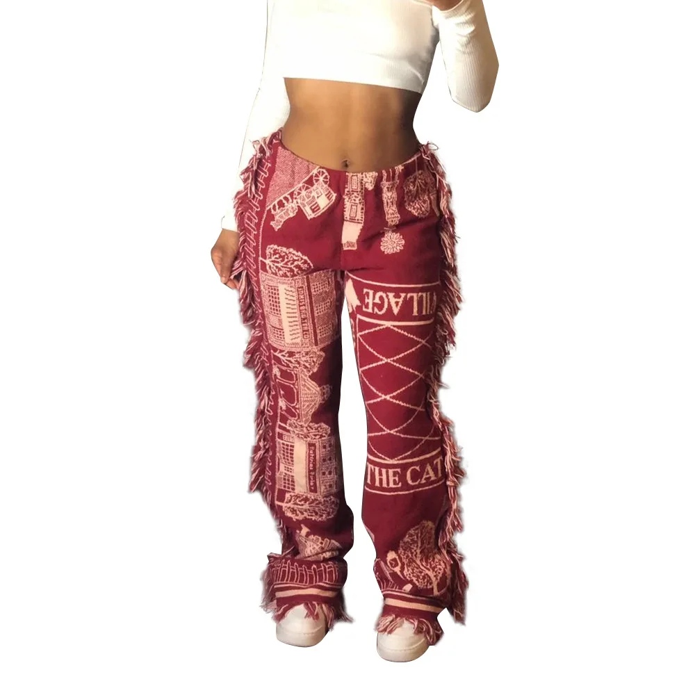

2022 vintage side tassel striped patchwork printed jogging rave festival casual clothes streetwear bodycon sweat pants
