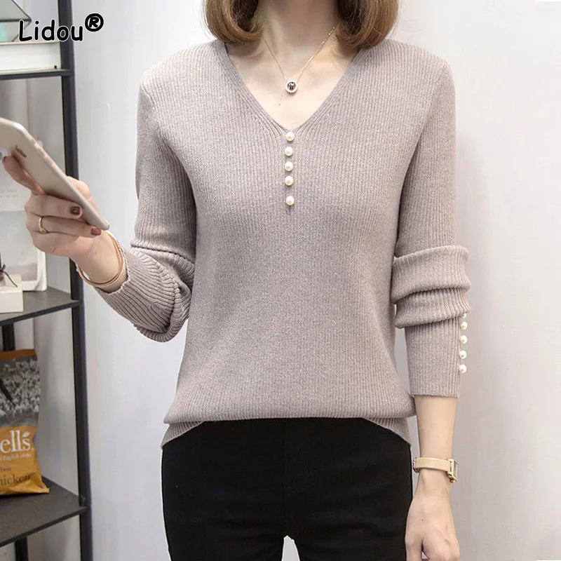 Купи Women's Clothing 2022 V-neck Button Solid Plus Size Casual Slim T-Shirts Pullovers Fashion Temperament Autumn Winter Office Lady за 1,024 рублей в магазине AliExpress