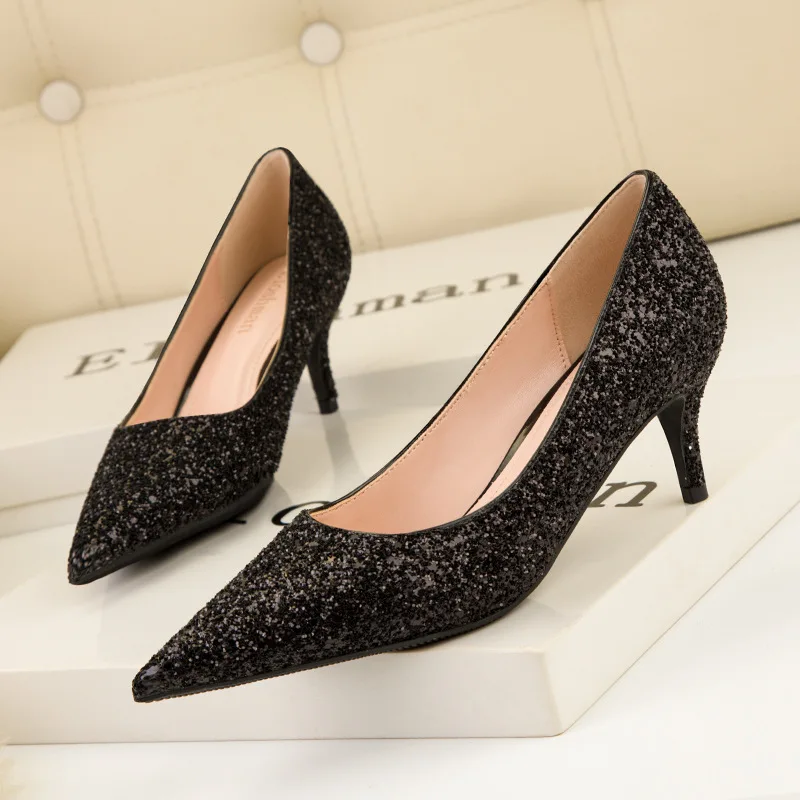 

Women's shoes fashion sexy nightclub slim stiletto high-heel banquet shallow mouth pointed toe sparkling sequined shoes