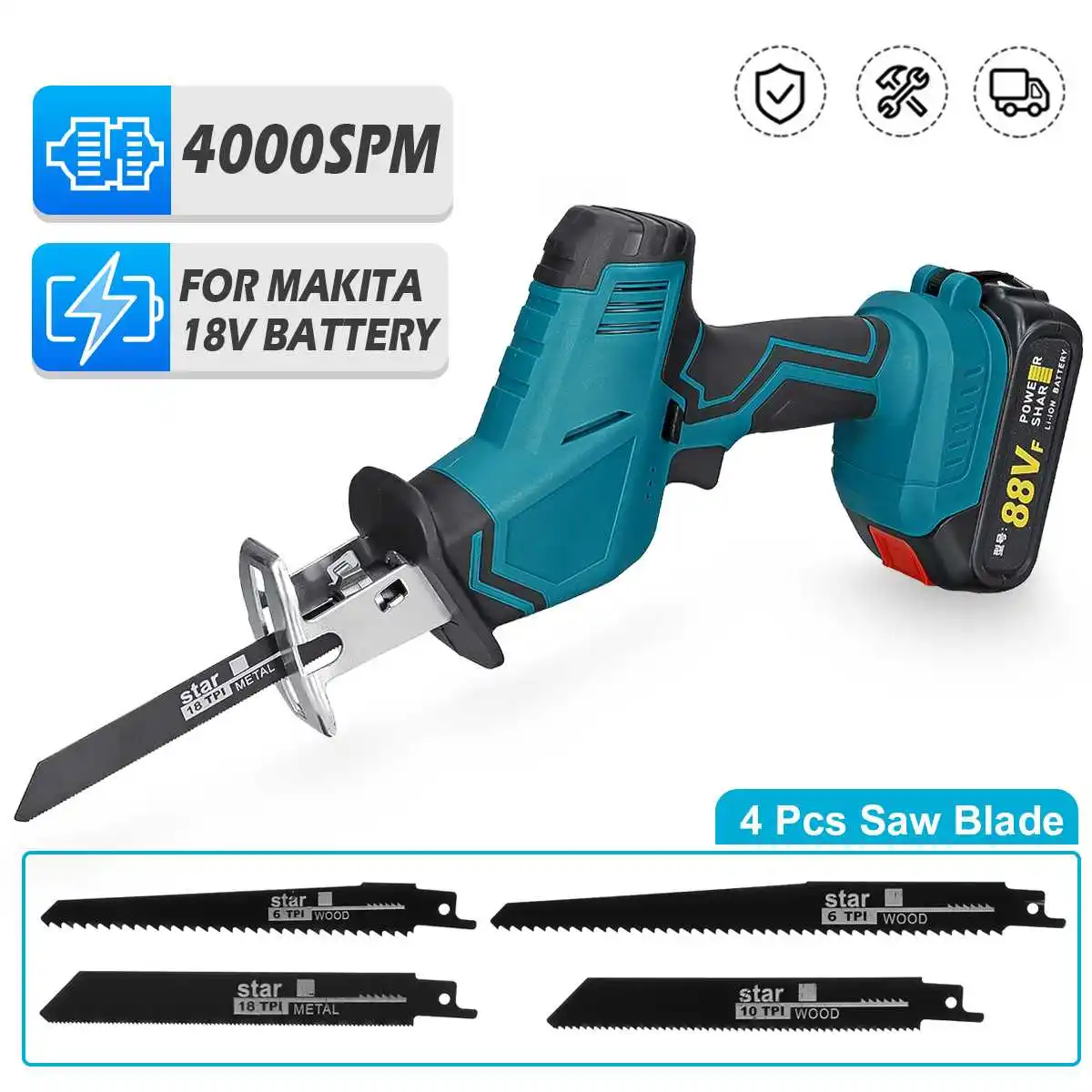 18V Cordless Electric Reciprocating Saw With Li-ion Battery Saw Blade Kit Wood Matal Cutting Power Tool for Makita 18V Battery