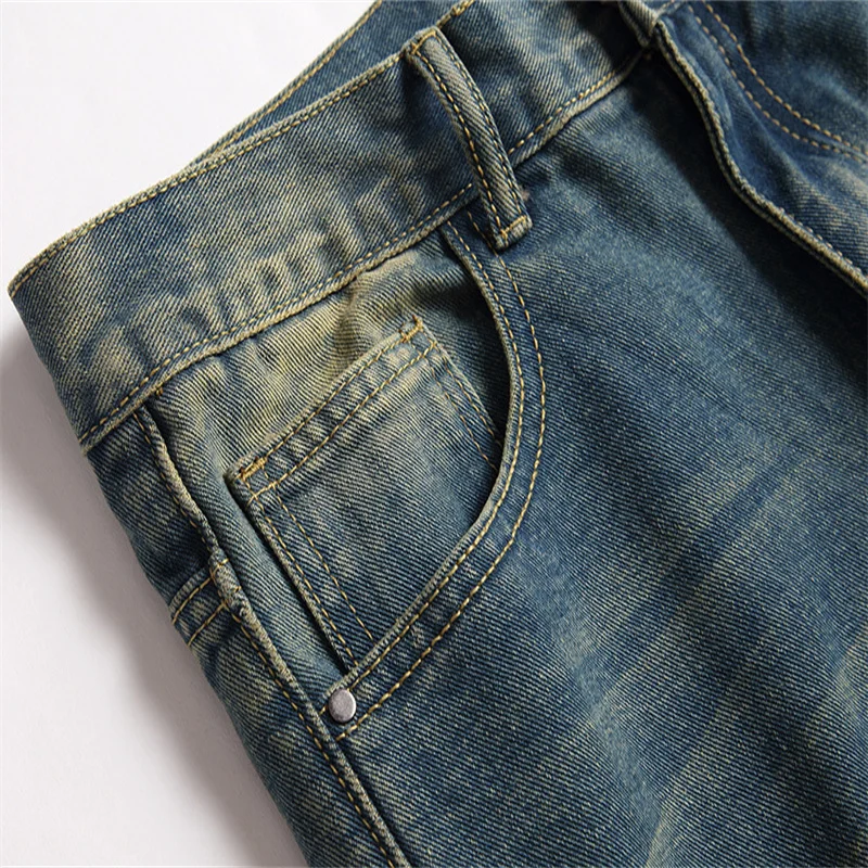 Men's Clothing Vintage Light Blue Holes Ripped Biker Jeans Motorcycle Casual Pleated Torn Stretch Denim Slim Pants Trousers Men