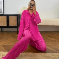 designers pajamas ruffle 2 pieces pyjamas set female orange color fashion home wear loungewear long sleepwear women outfits