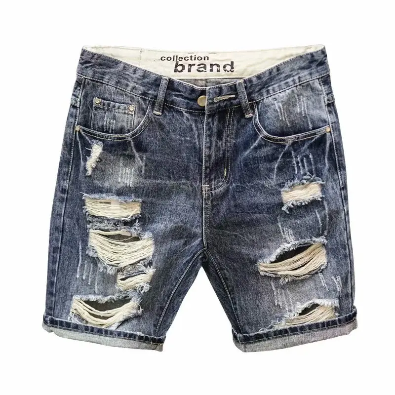 2023 Korean Fashion Men's Summer Fashion Broken Denim Shorts Men's Retro Casual Capris Small Leg Casual Jeans
