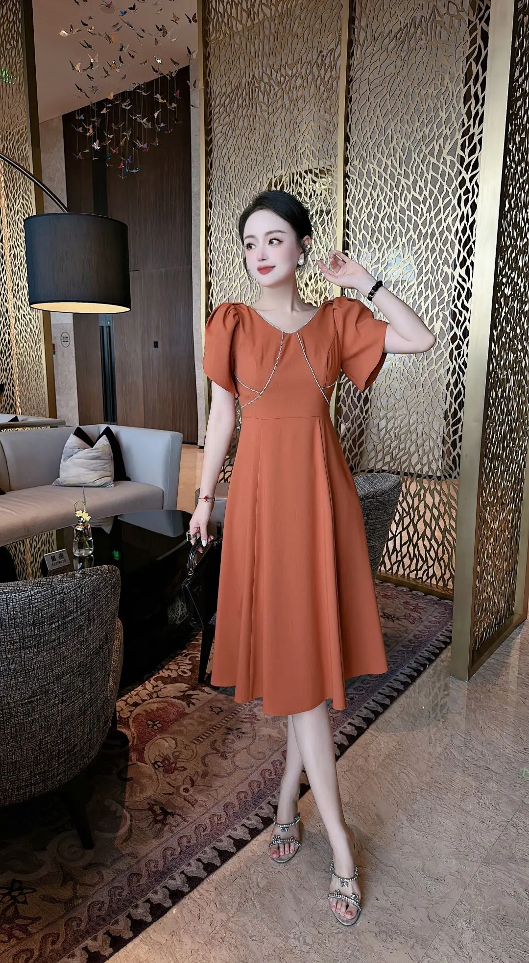 2023 Spring/Summer Fashion New Women's Clothing Contrast Color Puff Sleeve Dress 0704