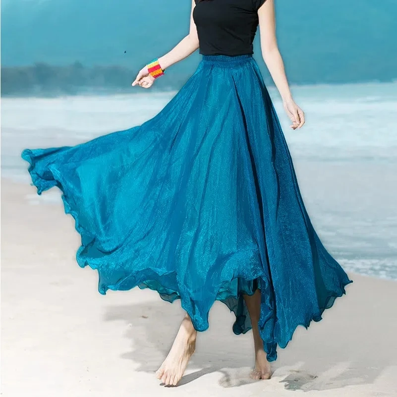 Golden Thread Chiffon Skirt New Solid High Waist Summer A-Line Elegant Bohemian Dance Skirts Fairy Beach Long Maxi Tulle Skirts