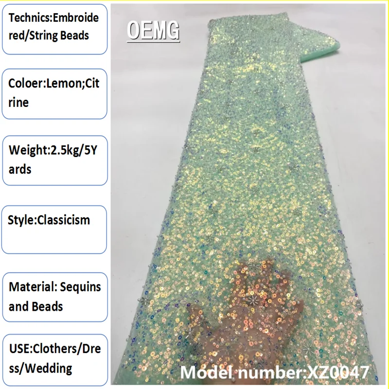 

OEMG 2022 African Mesh Lace Fabric With Sequins Nigerian Beaded Lace Fabrics French Tulle Lace Fabric For Wedding Party XZ0047