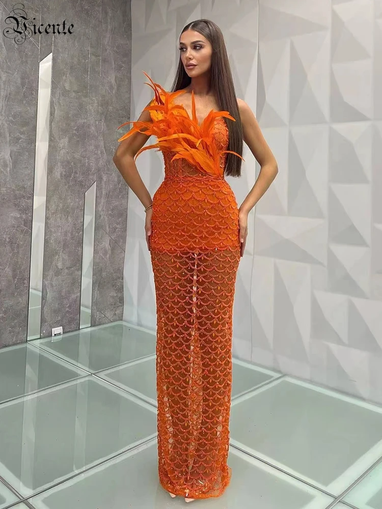 VC Sexy Women'S Dress 2023 Summer Feather Decorated Orange Sequin Sleeveless High Slit Long Dress Without Belt