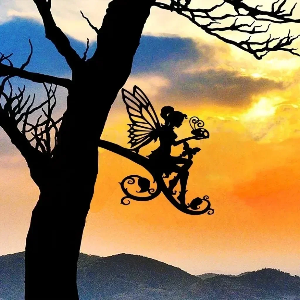 Металл феи и ведьма на ветке стальное силуэтное Дерево Искусство для сада двора
