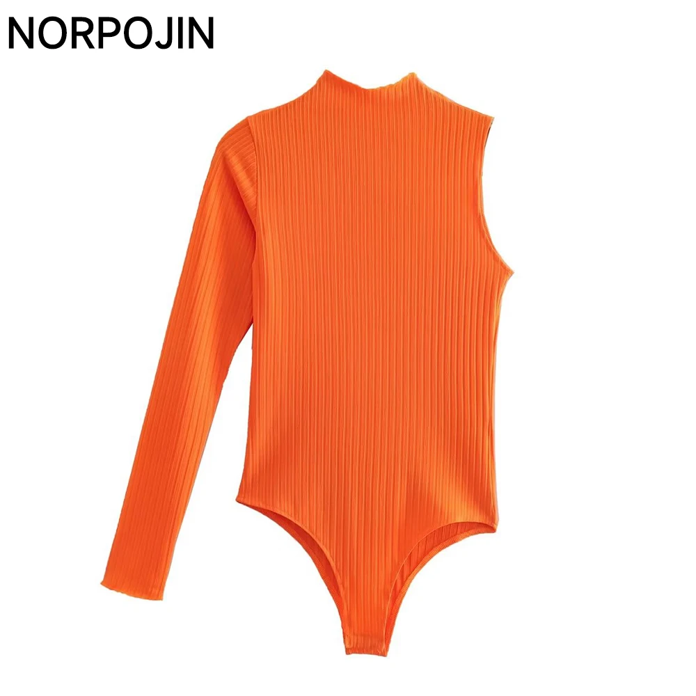 

Женское трикотажное боди с одним рукавом, элегантное оранжевое облегающее боди с высоким воротником, 2022