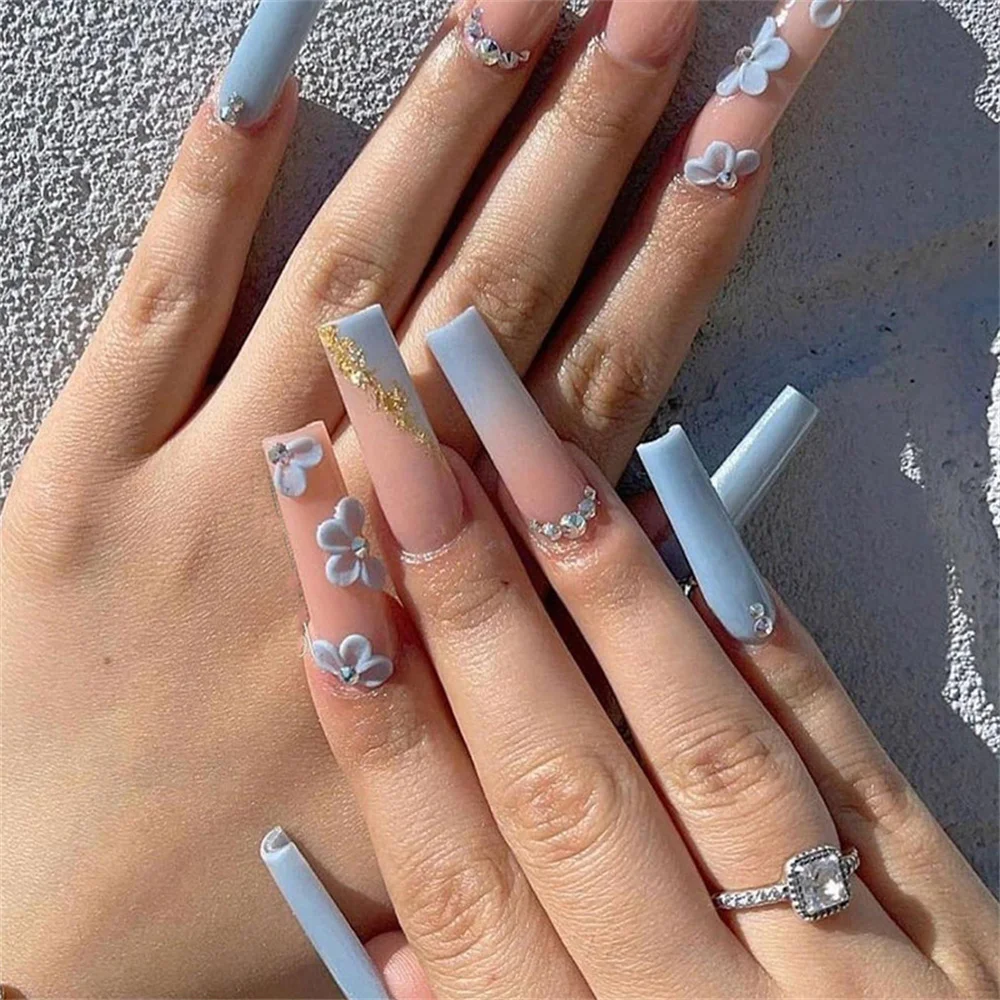 

Blue Gradient Small Flower Beveled French Long Nail Piece Ballet Nail Wearable Fake Nail Removable Manicure Nail